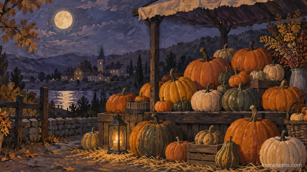 Pumpkins stacked in a market stall – decorative folk gouache Samsung Frame TV art, 4K