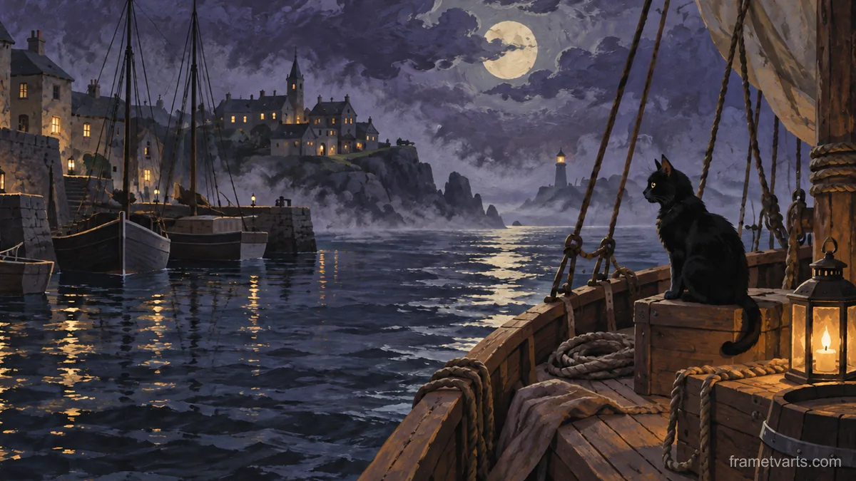 Spooky harbour night with a black cat on deck – storybook gouache Samsung Frame TV art, 4K