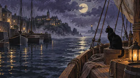 Spooky harbour night with a black cat on deck – storybook gouache Frame TV art