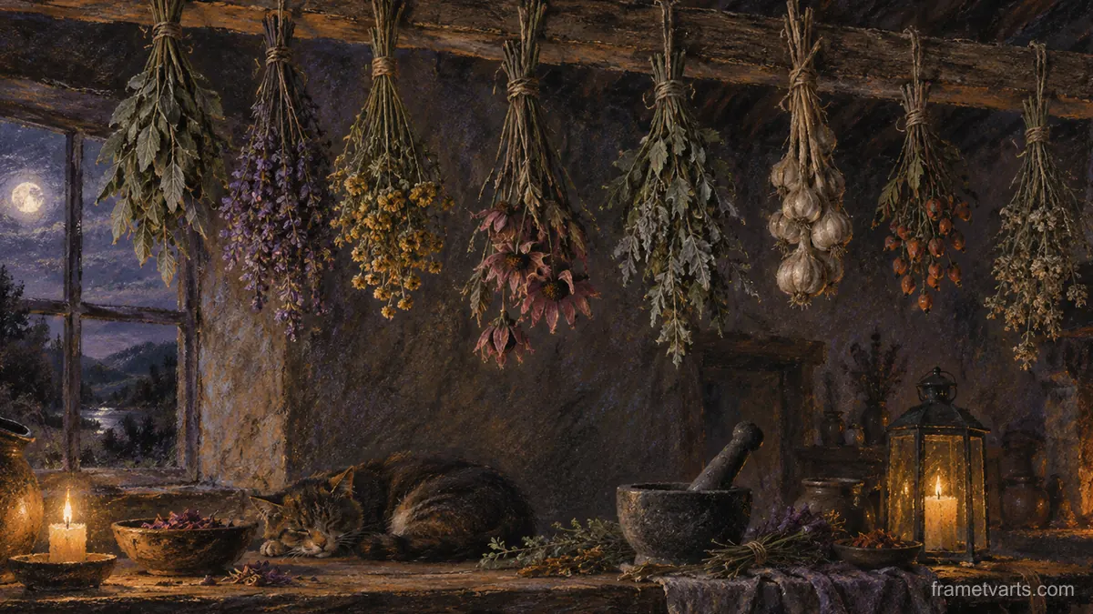 Witch's herbs drying from a beam – chalk pastel study Samsung Frame TV art, 4K