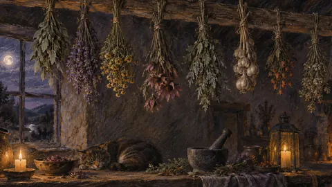 Witch's herbs drying from a beam – chalk pastel study Frame TV art