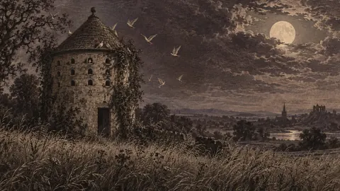 Haunted dovecote in long grass – vintage plate engraving Frame TV art