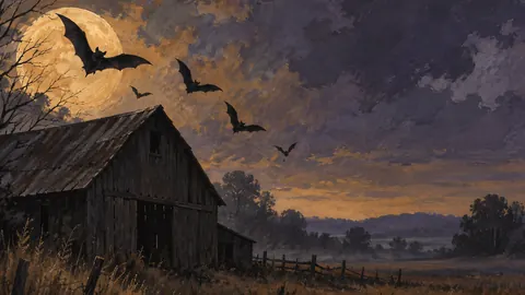 Bat silhouettes above an old barn roofline – naturalist gouache Frame TV art