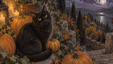 Witch's cat among pumpkins and ivy – soft pastel drawing Frame TV art
