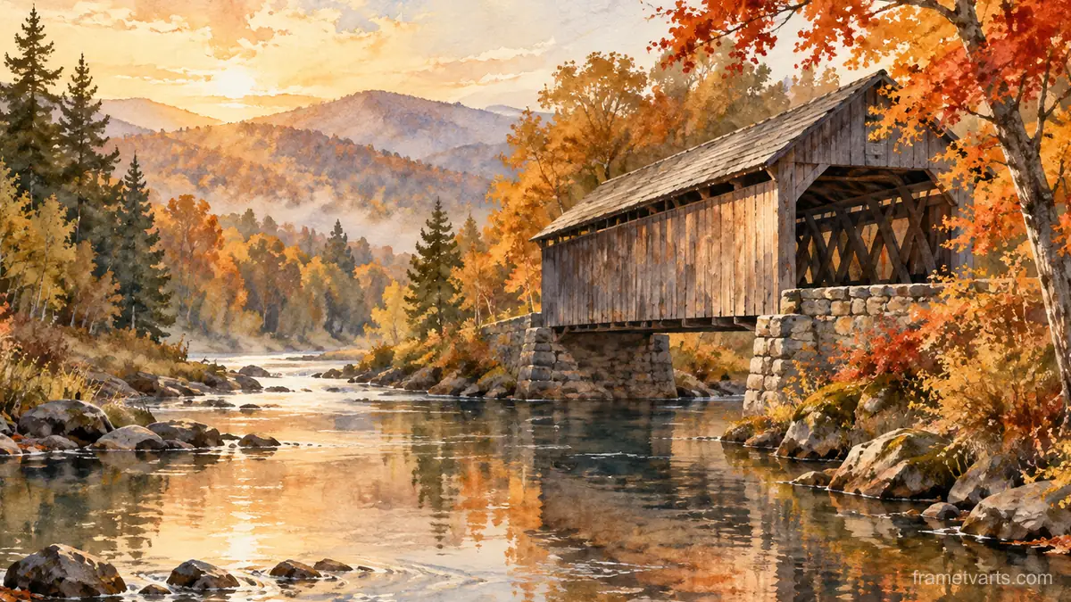 Autumn covered bridge over a slow river – elegant watercolor Samsung Frame TV art, 4K