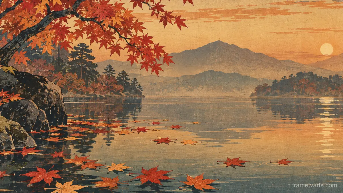 Maple leaves floating on a still pond – japanese-inspired woodblock print Samsung Frame TV art, 4K