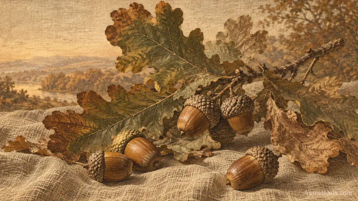 Acorns and oak leaves on weathered linen – vintage plate engraving Samsung Frame TV art, 4K