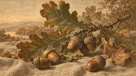 Acorns and oak leaves on weathered linen – vintage plate engraving Frame TV art
