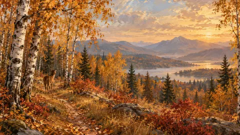 Autumn birch forest with a deer trail – atmospheric oil painting Frame TV art
