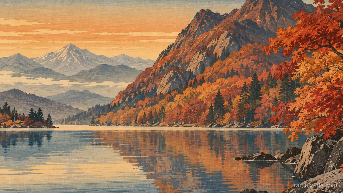Autumn mountain lake mirroring russet slopes – japanese-inspired woodblock print Samsung Frame TV art, 4K