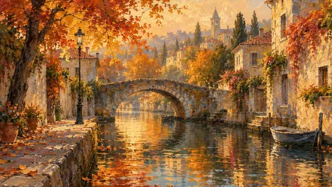 Fall foliage reflected in a canal town – impressionist oil painting Frame TV art