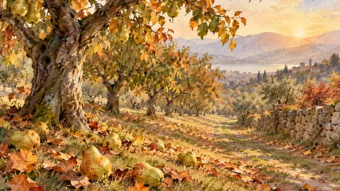 Autumn orchard path with fallen pears – loose watercolor Frame TV art