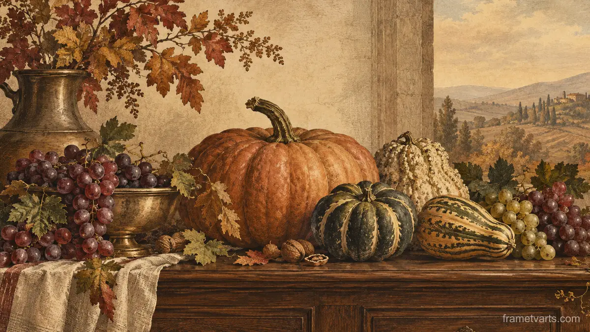 Thanksgiving squash and grapes on a walnut sideboard – vintage-inspired festive print Samsung Frame TV art, 4K