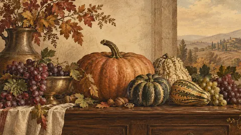 Thanksgiving squash and grapes on a walnut sideboard – vintage-inspired festive print Frame TV art