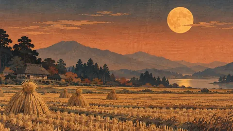 Harvest moon above stubble fields – japanese-inspired woodblock print Frame TV art
