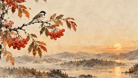 Autumn rowan berries and a small bird – zen sumi-e ink wash Frame TV art