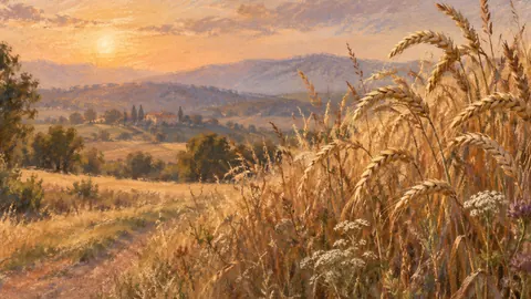 Wheat field edge with seed heads – chalk pastel study Frame TV art