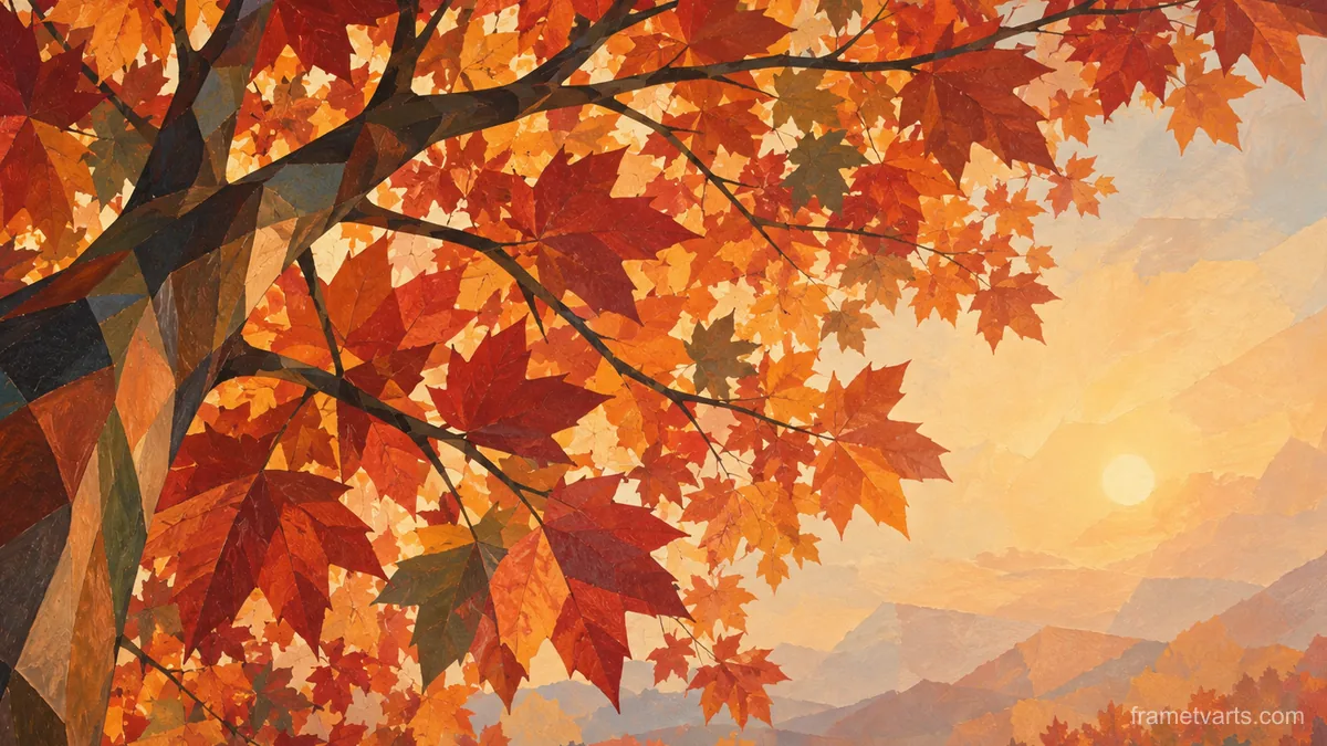 Maple canopy seen from below – jewel-tone geometric modernism Samsung Frame TV art, 4K