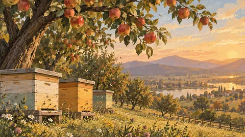Orchard beehives under apple boughs – storybook gouache Frame TV art