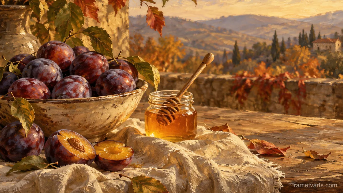 Autumn plums and honey on a linen cloth – tonal oil painting Samsung Frame TV art, 4K