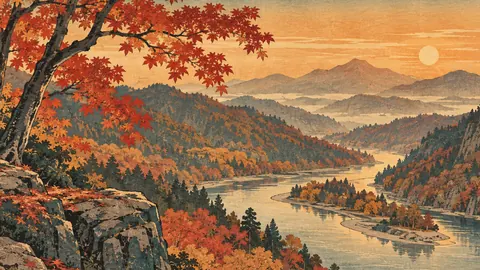 Maple ridge above a winding river – japanese-inspired woodblock print Frame TV art