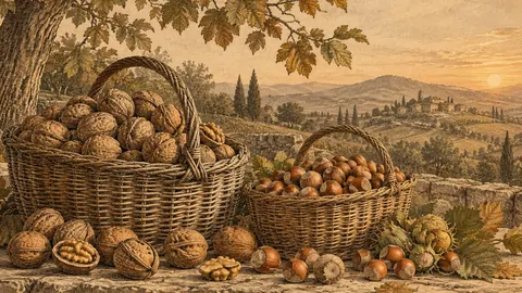 Harvest baskets of walnuts and hazelnuts – vintage plate engraving Frame TV art