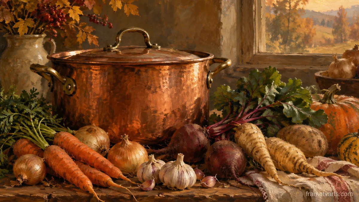 Thanksgiving copper pot and root vegetables – tonal oil painting Samsung Frame TV art, 4K