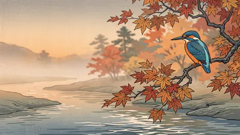 Autumn kingfisher above a slow stream – japanese-inspired woodblock print Frame TV art