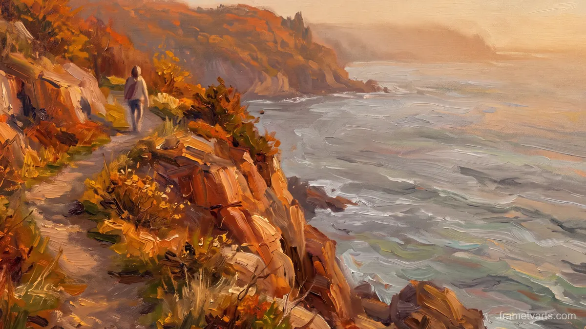 Autumn cliff path above a grey sea – atmospheric oil painting Samsung Frame TV art, 4K