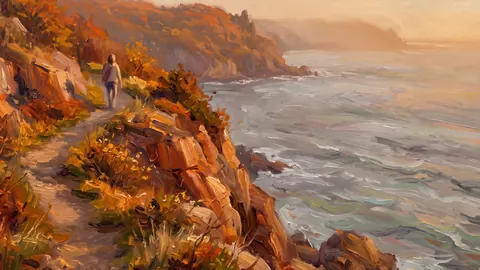 Autumn cliff path above a grey sea – atmospheric oil painting Frame TV art