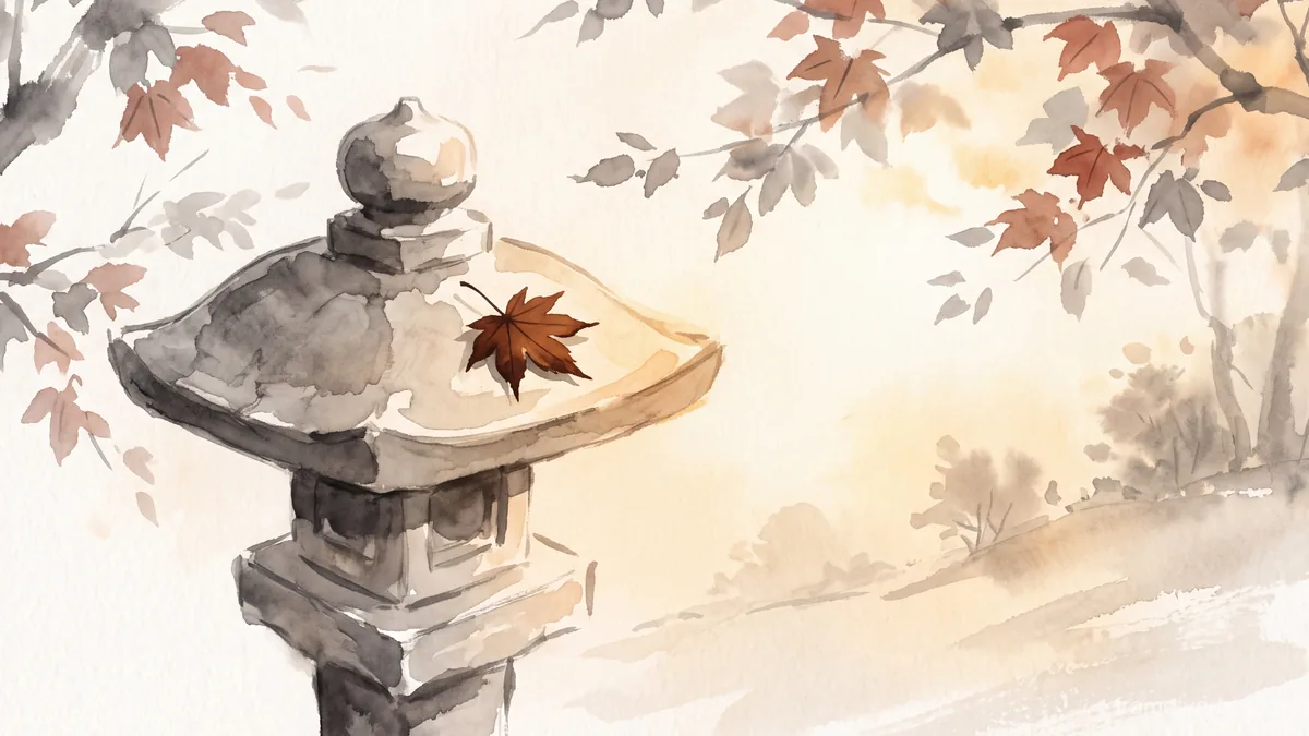 Maple leaf resting on a stone lantern – zen sumi-e ink wash Samsung Frame TV art, 4K