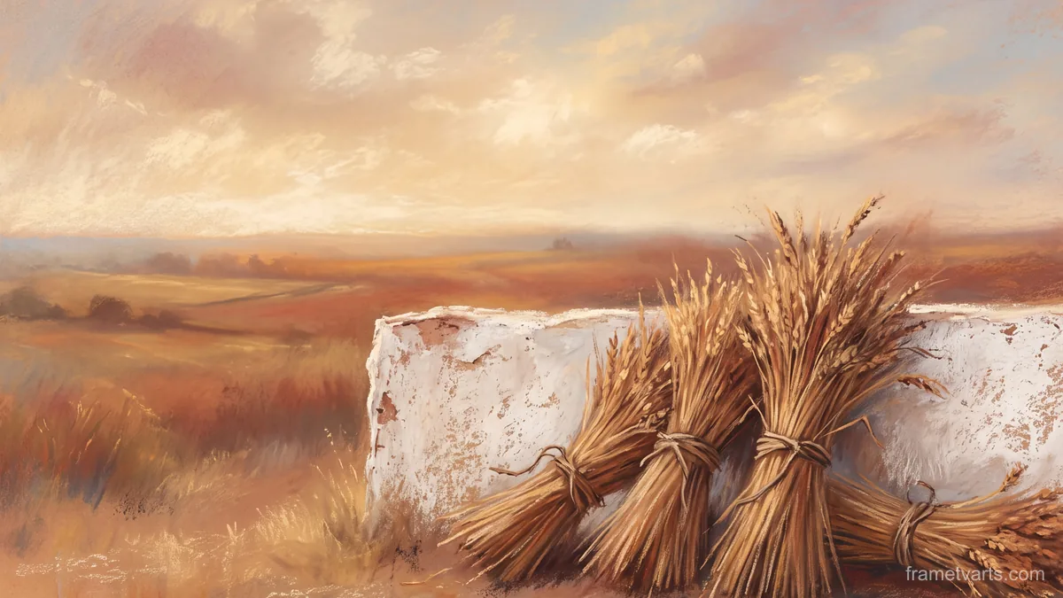 Wheat sheaves against a whitewashed wall – chalk pastel study Samsung Frame TV art, 4K