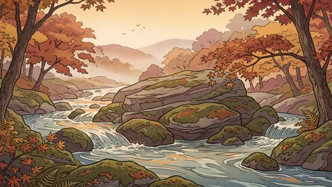 Maple woodland stream over mossy rocks – japanese-inspired woodblock print Frame TV art