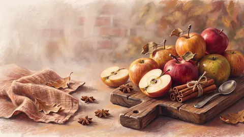 Thanksgiving apples and cinnamon on a board – soft pastel drawing Frame TV art