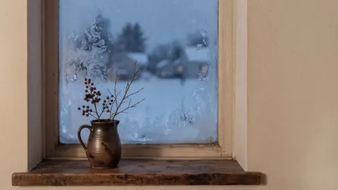 Frosted window with winter berries in a jug – japanese-inspired minimal composition Frame TV art