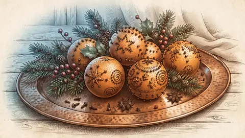 Christmas oranges, cloves and evergreen on a copper tray – vintage-inspired festive print Frame TV art