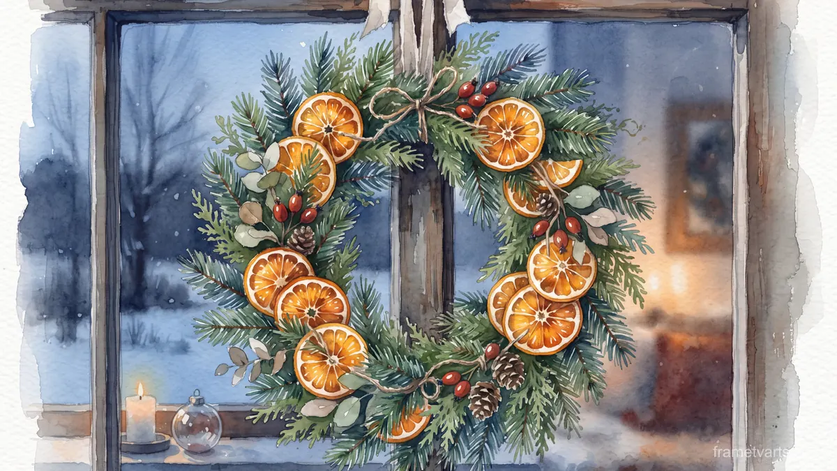 Evergreen wreath with dried orange slices – elegant watercolor Samsung Frame TV art, 4K