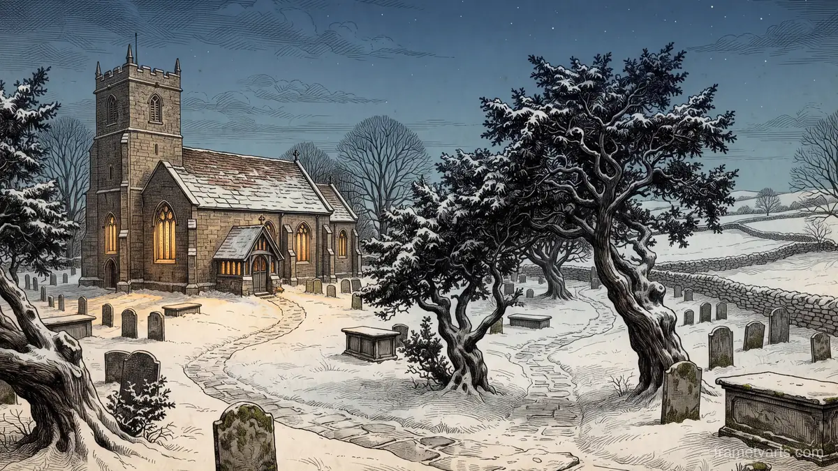 Snowy churchyard yews at dusk – vintage plate engraving Samsung Frame TV art, 4K