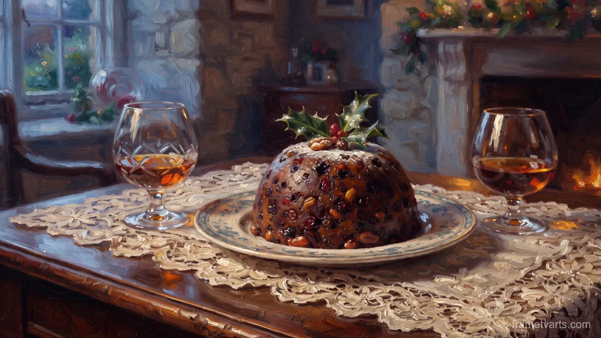 Christmas pudding and brandy glasses on lace – tonal oil painting Samsung Frame TV art, 4K