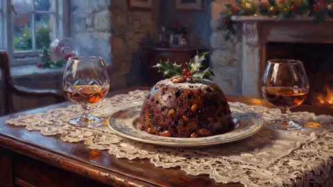 Christmas pudding and brandy glasses on lace – tonal oil painting Frame TV art