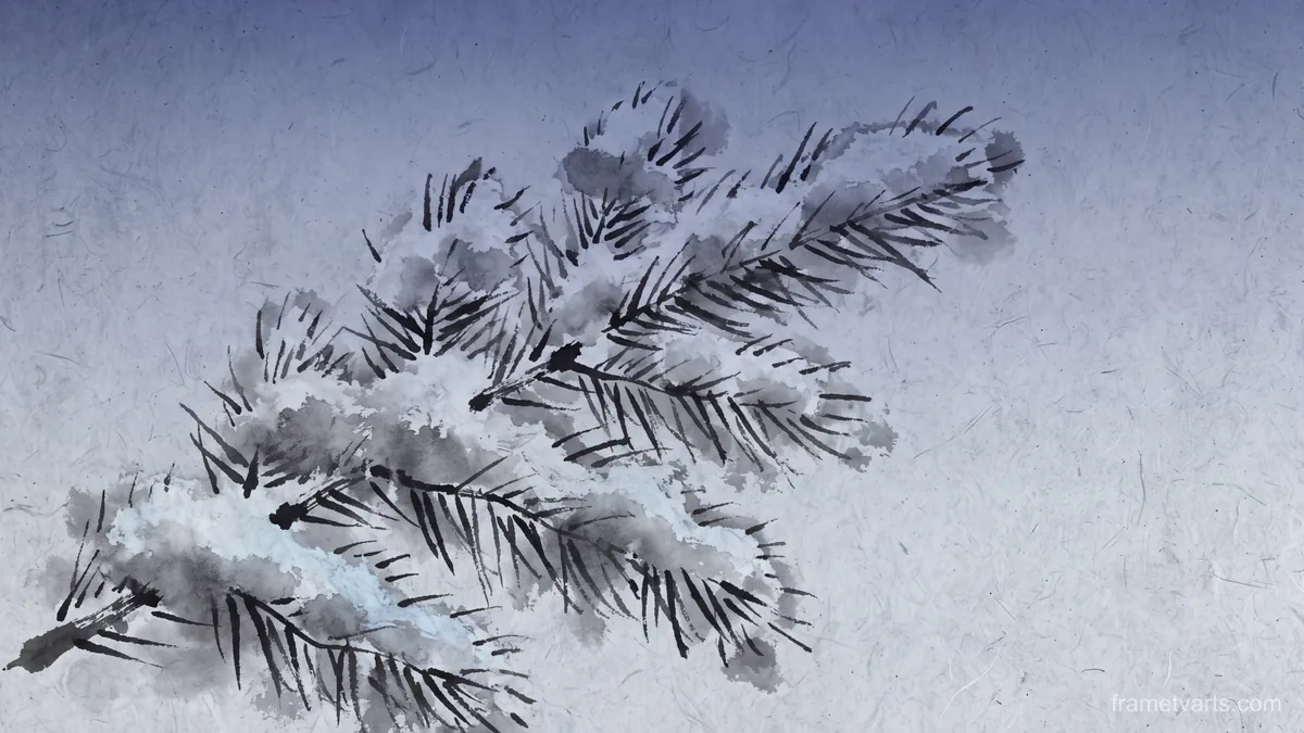 Snow-laden fir branch in close view – zen sumi-e ink wash Samsung Frame TV art, 4K
