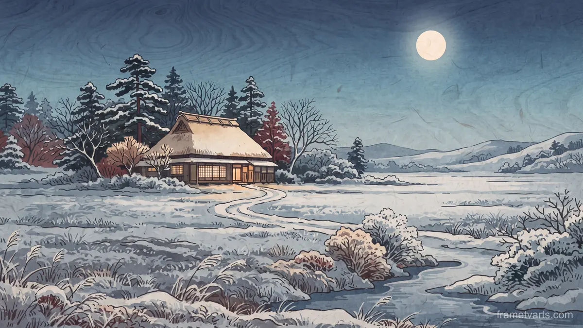 Winter moon over a frozen field – japanese-inspired woodblock print Samsung Frame TV art, 4K
