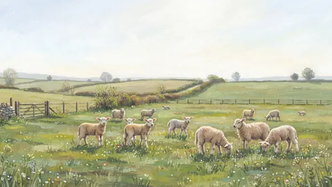 Spring lambs in a dew-lit pasture – naturalist gouache Frame TV art