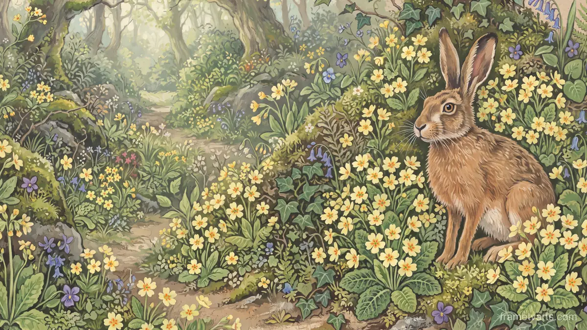 Easter hare among primroses – storybook gouache Samsung Frame TV art, 4K