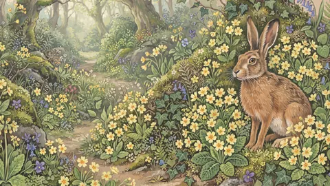 Easter hare among primroses – storybook gouache Frame TV art