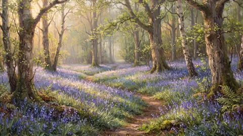 Spring bluebell wood in low sun – atmospheric oil painting Frame TV art