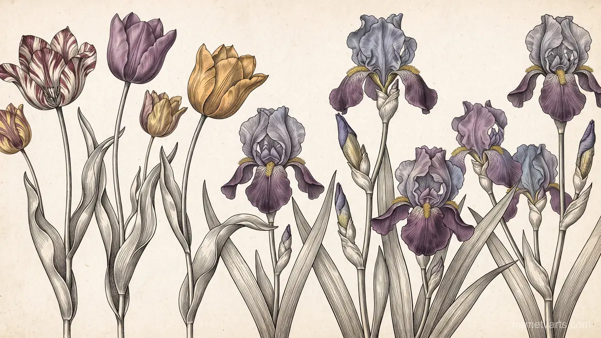 Tulip and iris botanical study – vintage plate engraving Samsung Frame TV art, 4K