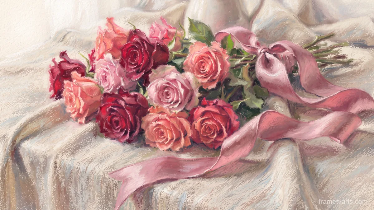 Valentine roses and ribbon on linen – soft pastel drawing Samsung Frame TV art, 4K
