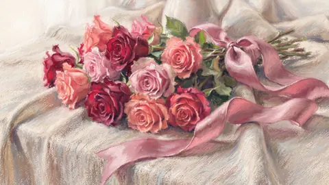 Valentine roses and ribbon on linen – soft pastel drawing Frame TV art