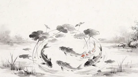 Koi circling beneath lily pads – zen sumi-e ink wash Frame TV art
